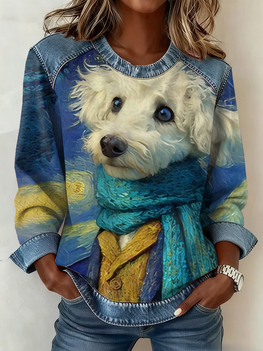 Mujeres lindo perro imprimir Denim Patchwork Top