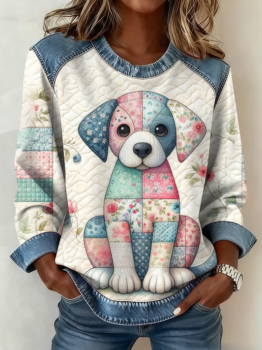 Mujeres lindo perro imprimir Denim Patchwork Top