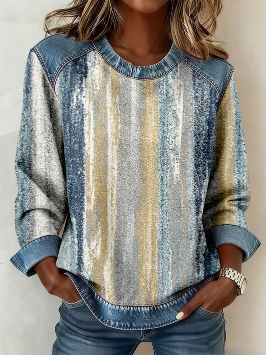 Sudadera de patchwork de mezclilla con estampado de arte abstracto vintage para mujer