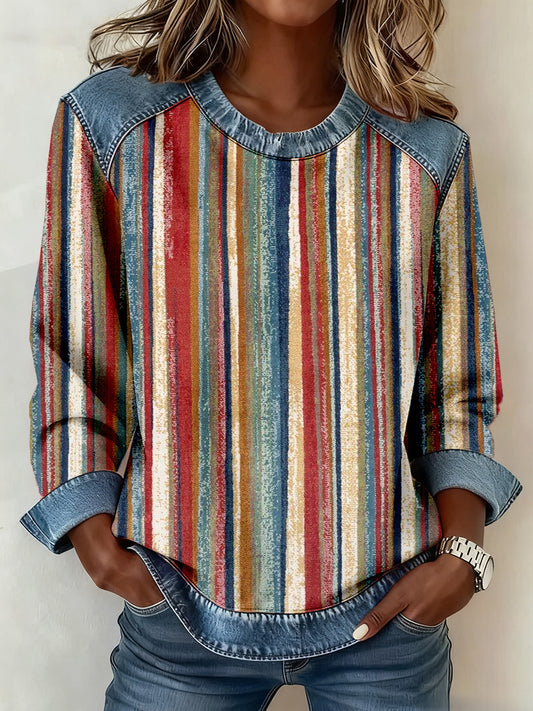 Sudadera patchwork de mezclilla con estampado de rayas multicolor para mujer