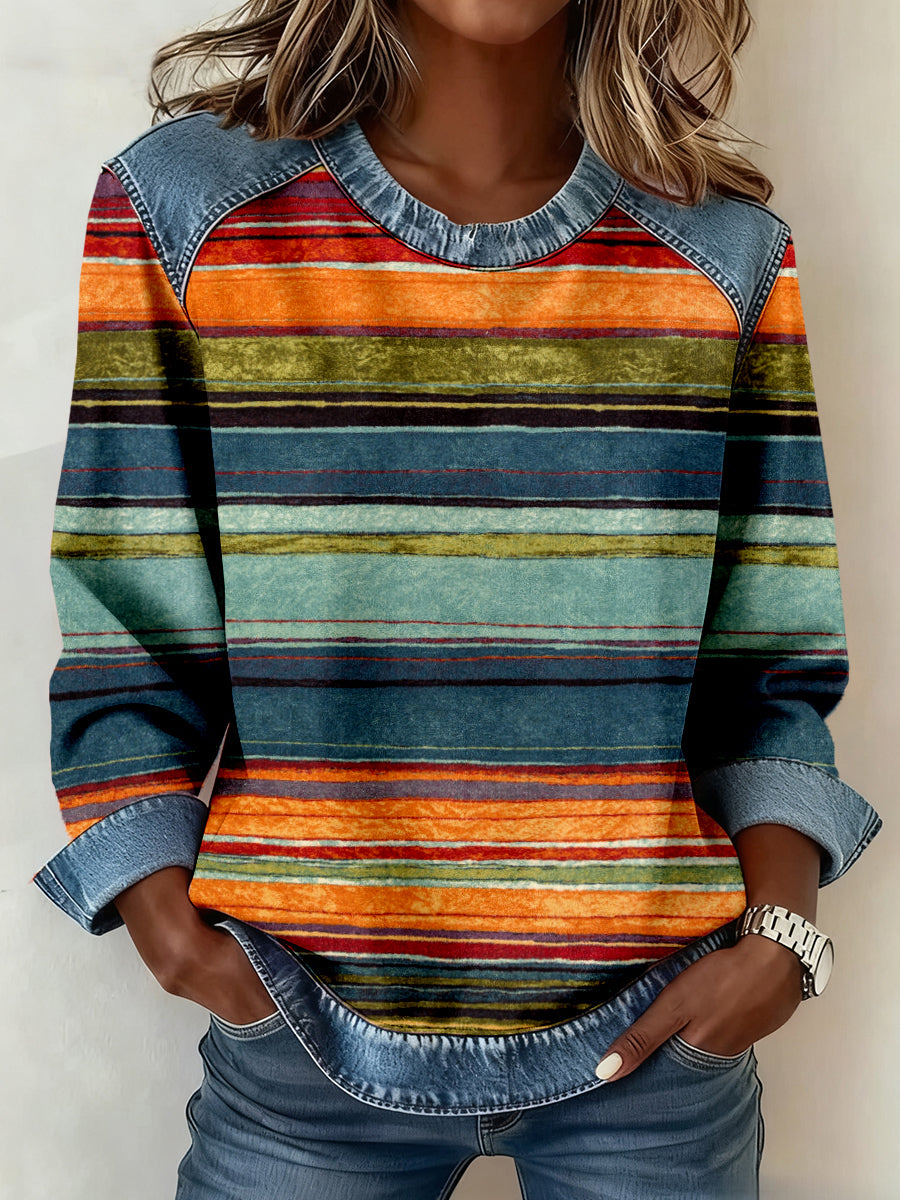 Sudadera patchwork de mezclilla con estampado de rayas de colores para mujer