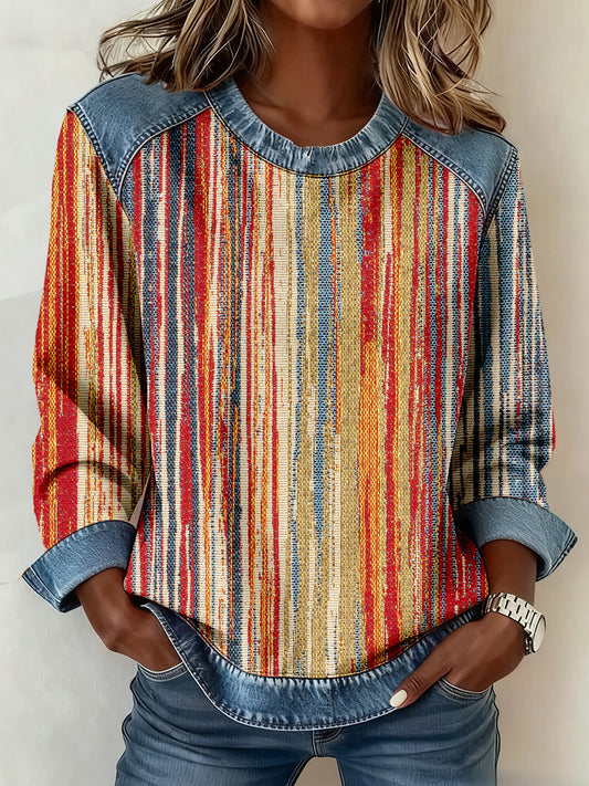 Sudadera patchwork de mezclilla con estampado de rayas de colores para mujer