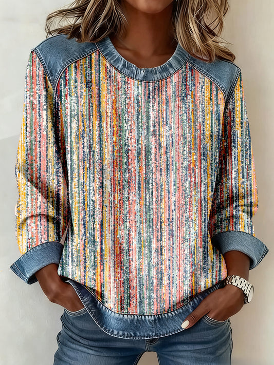 Sudadera patchwork de mezclilla con estampado de rayas multicolor para mujer