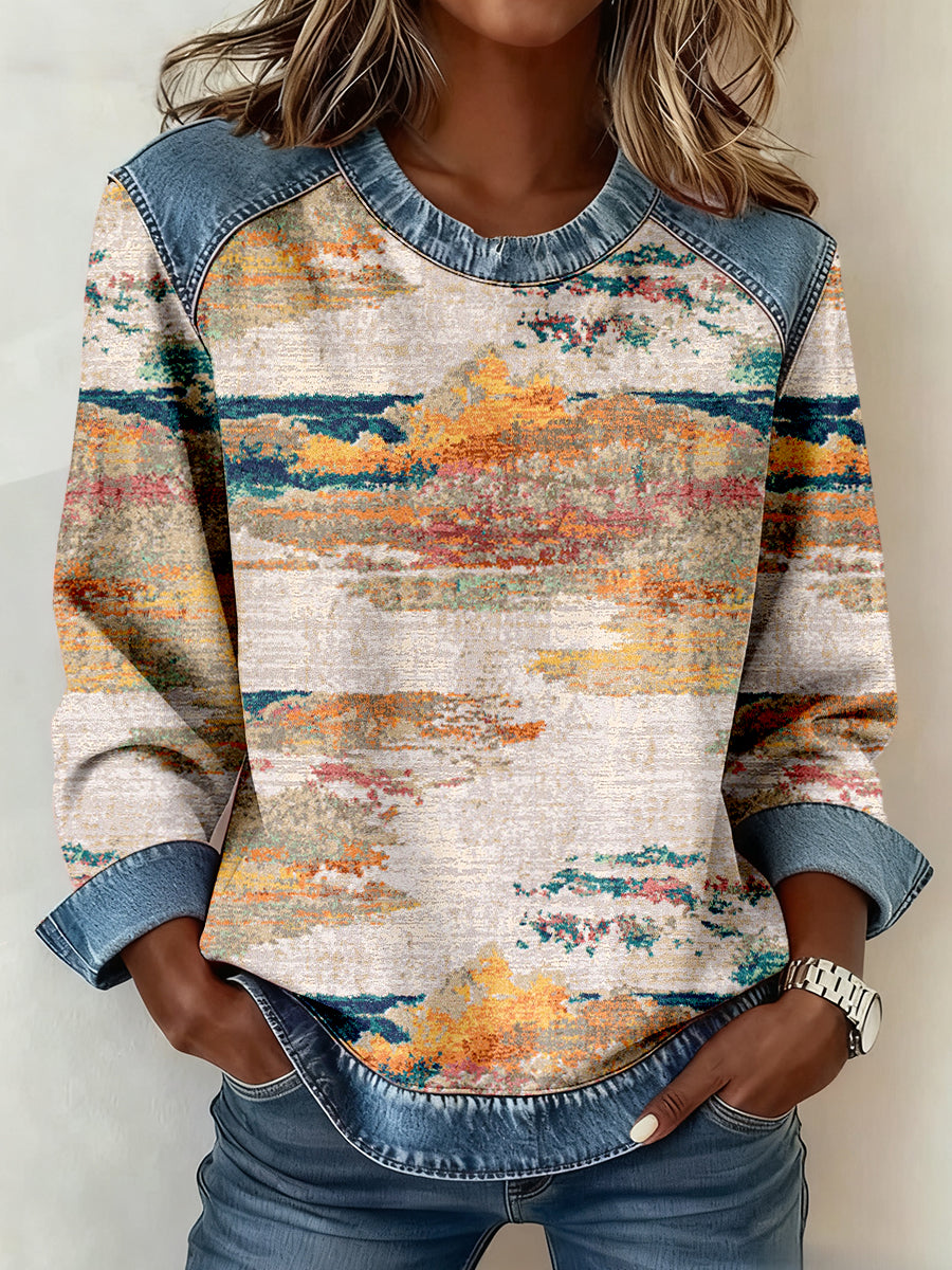 Patrón de arte abstracto de las mujeres Denim Patchwork Sudadera