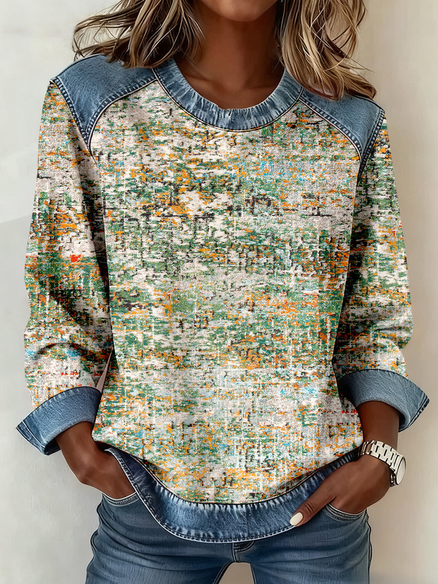 Patrón de arte abstracto de las mujeres Denim Patchwork Sudadera