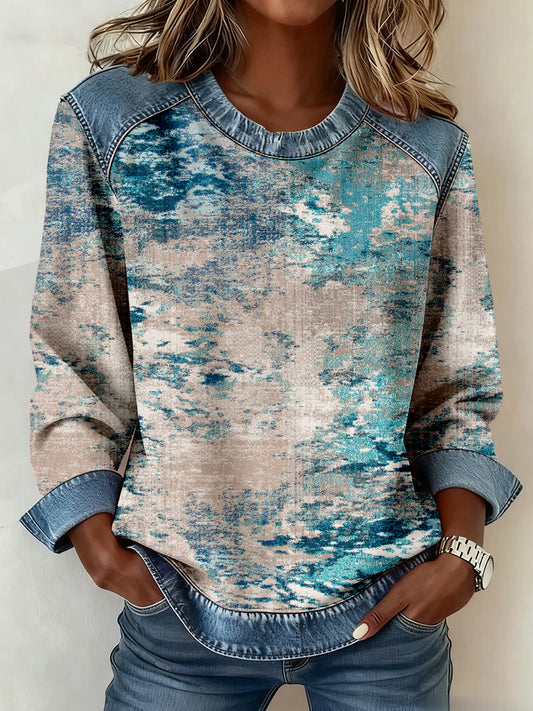 Sudadera de patchwork de mezclilla con estampado de arte abstracto vintage para mujer