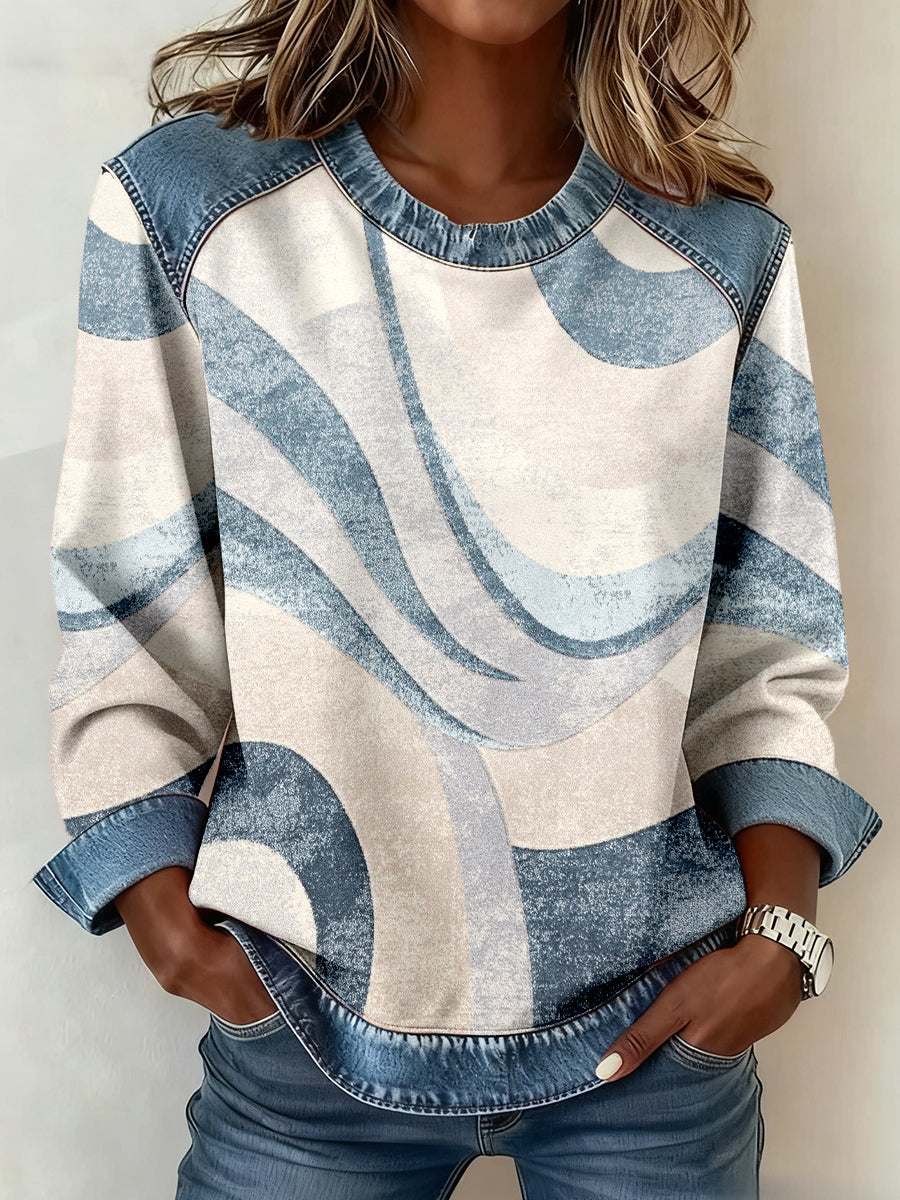 Patrón de arte abstracto de las mujeres Denim Patchwork Sudadera