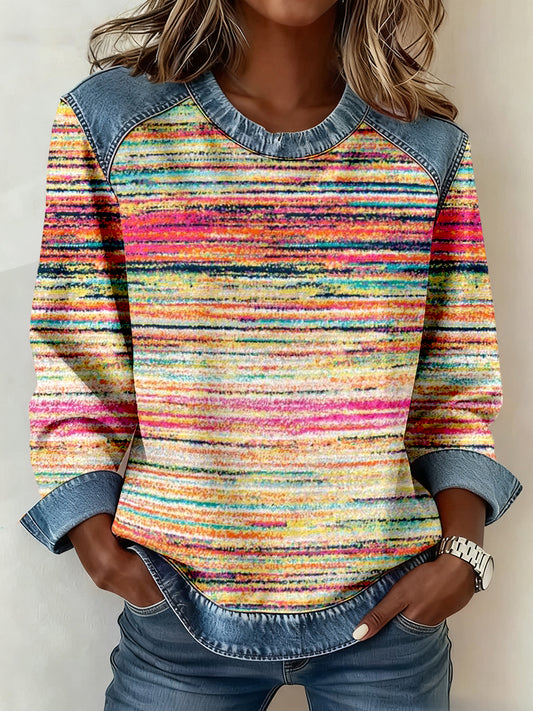 Sudadera patchwork de mezclilla con estampado de rayas multicolor para mujer
