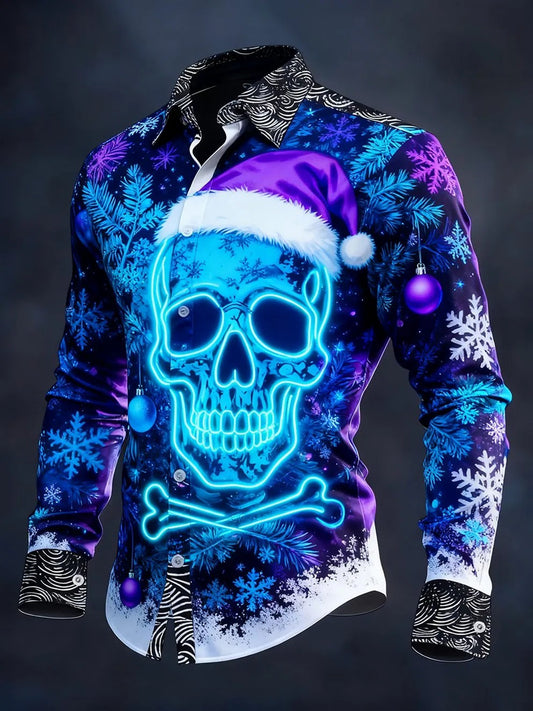 Camisa de manga larga vintage de cráneo de Navidad para hombre