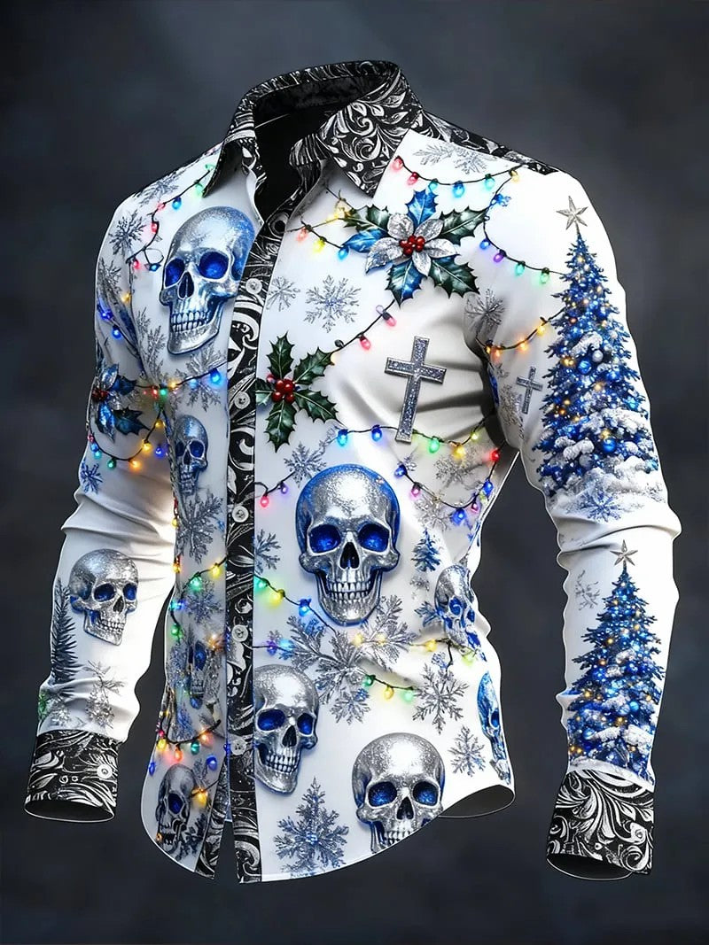 Camisa de manga larga vintage de cráneo de Navidad para hombre