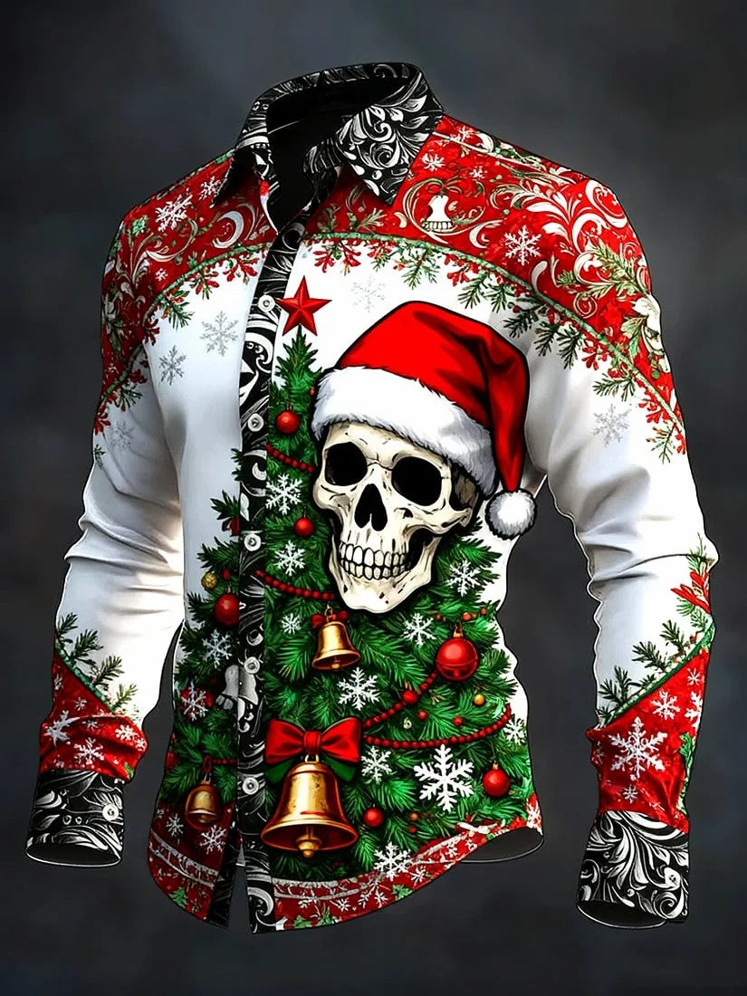 Camisa de manga larga vintage de cráneo de Navidad para hombre