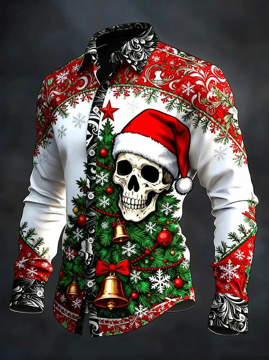 Camisa de manga larga vintage de cráneo de Navidad para hombre