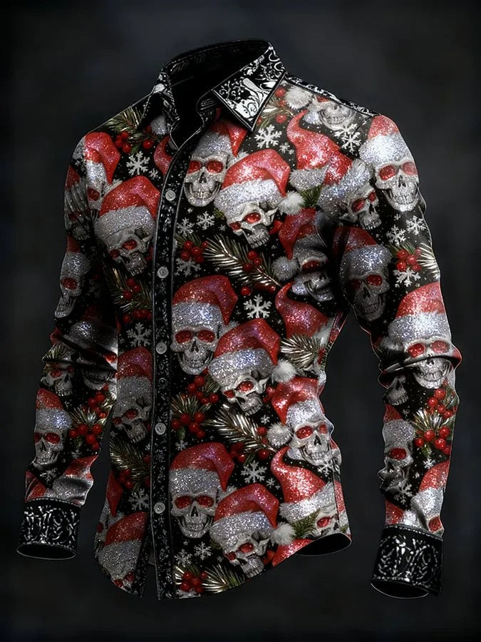 Camisa de manga larga vintage de cráneo de Navidad para hombre