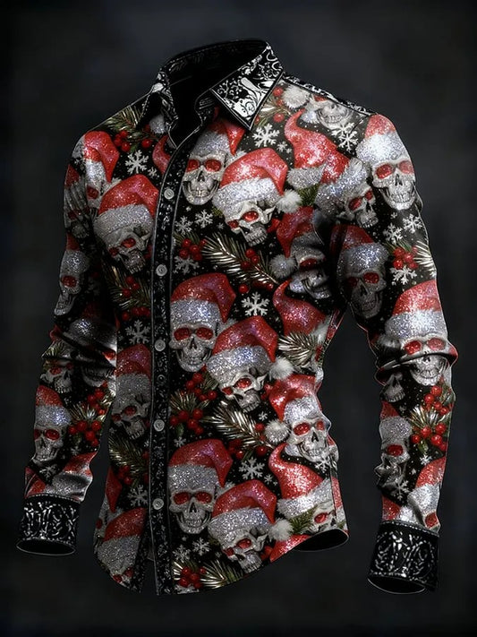 Camisa de manga larga vintage de cráneo de Navidad para hombre