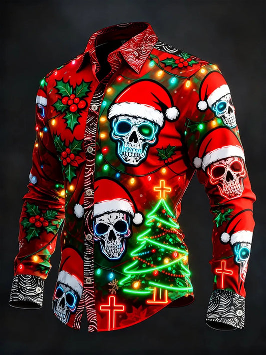 Camisa de manga larga vintage de cráneo de Navidad para hombre