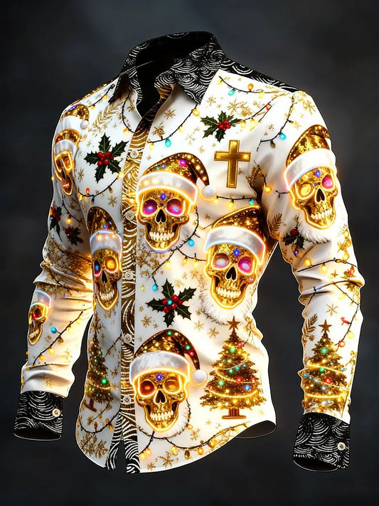 Camisa de manga larga vintage de cráneo de Navidad para hombre