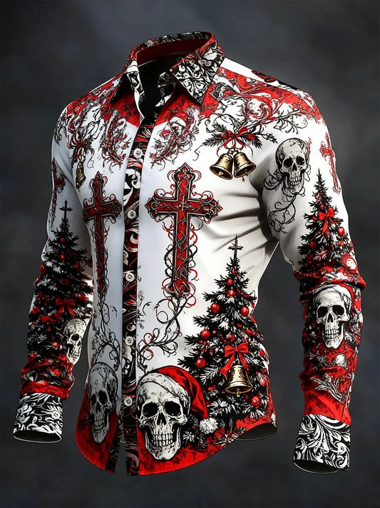Camisa de manga larga vintage de cráneo de Navidad para hombre