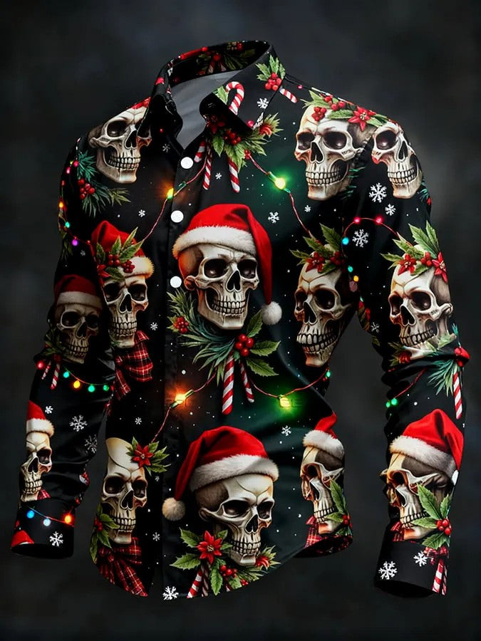 Camisa de manga larga vintage de cráneo de Navidad para hombre