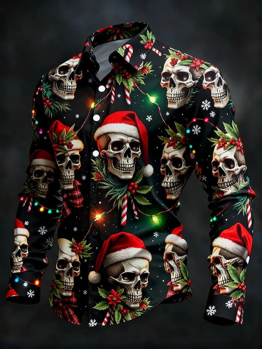 Camisa de manga larga vintage de cráneo de Navidad para hombre