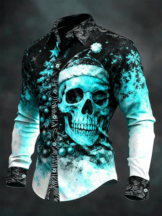 Camisa de manga larga vintage de cráneo de Navidad para hombre
