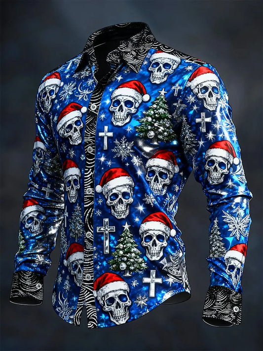 Camisa de manga larga vintage de cráneo de Navidad para hombre