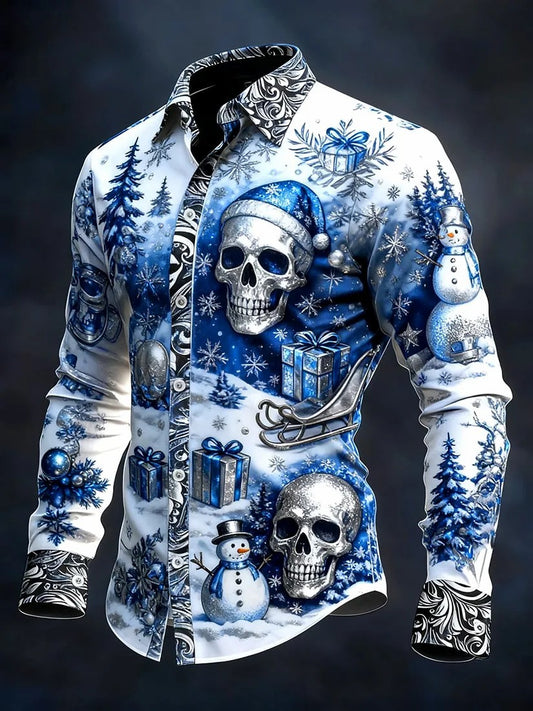 Camisa de manga larga vintage de cráneo de Navidad para hombre