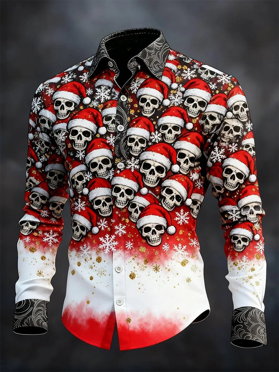 Camisa de manga larga vintage de cráneo de Navidad para hombre