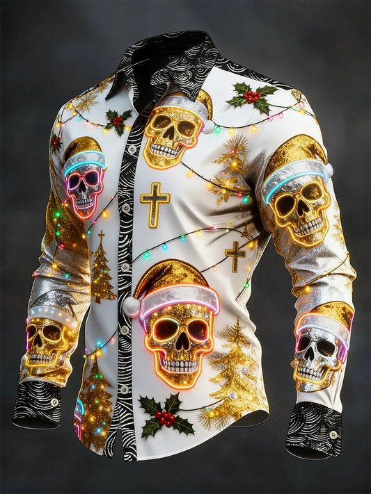 Camisa de manga larga vintage de cráneo de Navidad para hombre