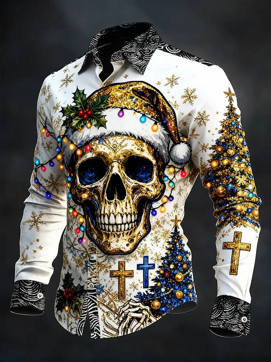 Camisa de manga larga vintage de cráneo de Navidad para hombre