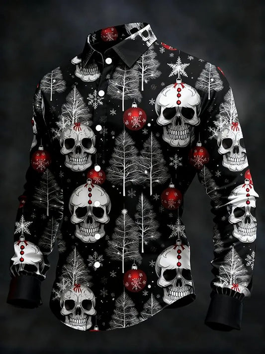 Camisa de manga larga vintage de cráneo de Navidad para hombre
