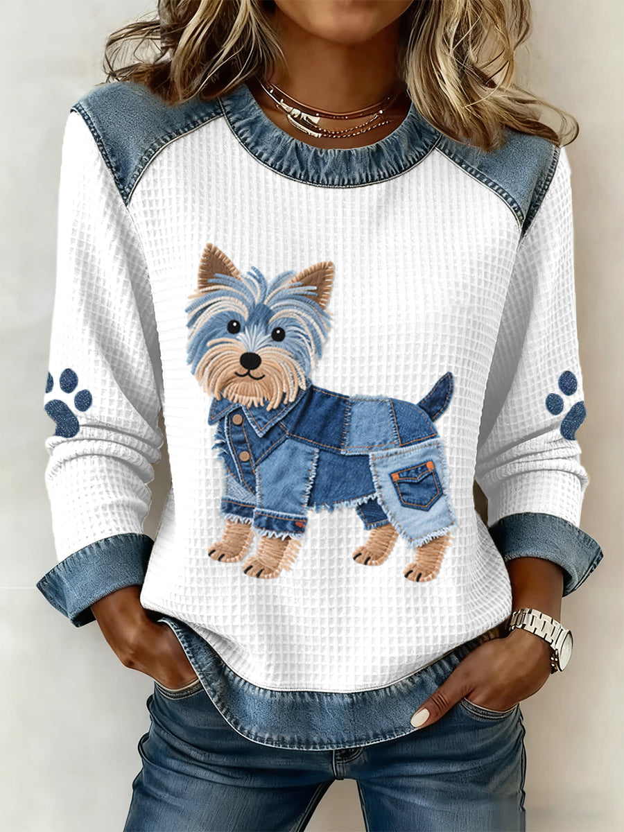 Mujer encantadora Yorkshire Terrier perro patrón Denim Patchwork Waffle sudadera