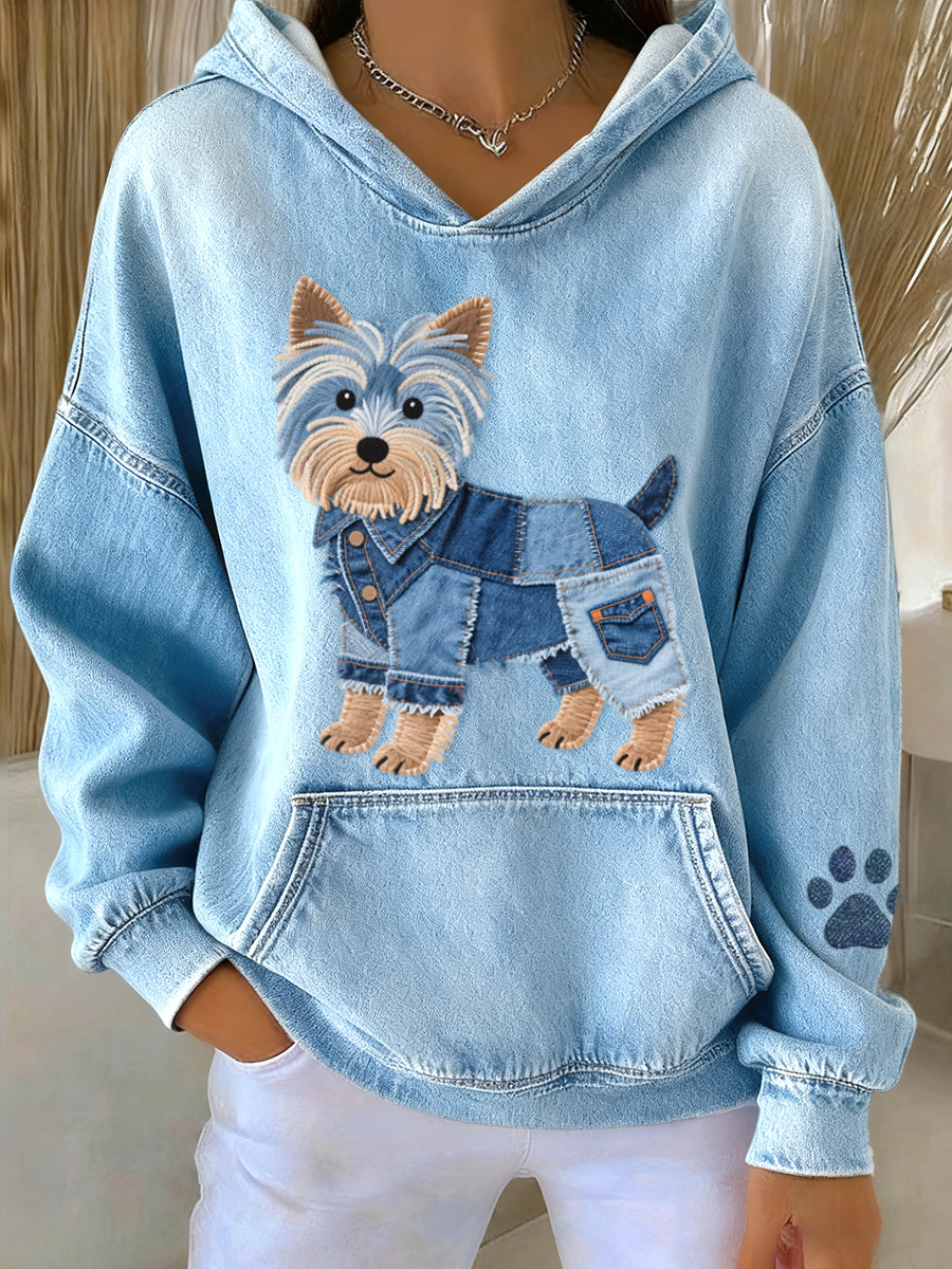 Mujer Denim Patchwork Art Yorkshire Terrier Dog Pattern Hoodie