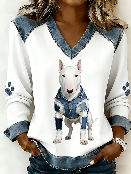 Mujer Bull Terrier Denim Patchwork Casual V-Neck Top