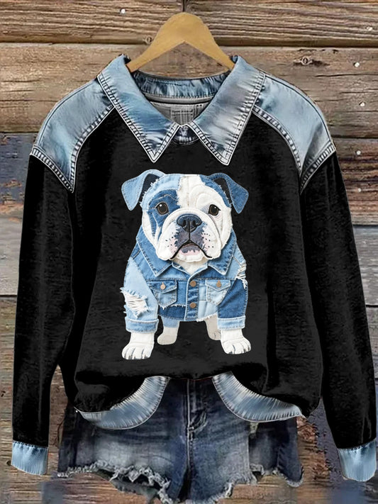 Sudadera de manga larga con estampado animal de solapa para mujer