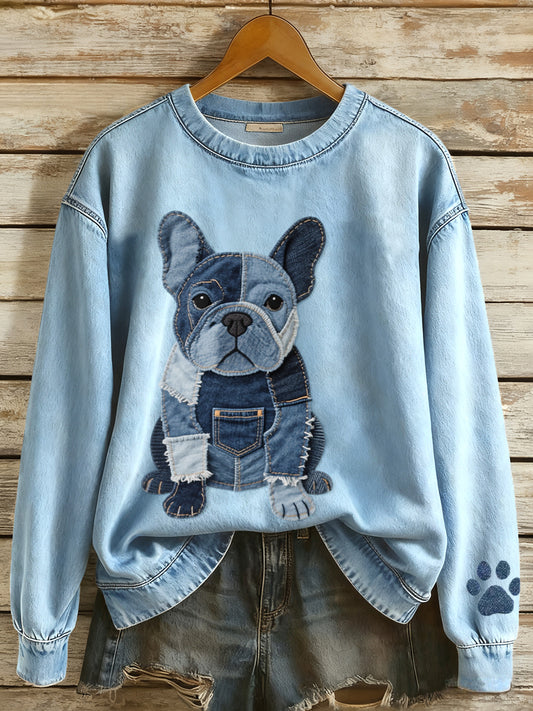 Mujer Denim Patchwork Art French Bulldog Patrón Sudadera