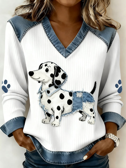 Mujer Retro V-cuello Denim Patchwork Animal Print Casual Confort Top