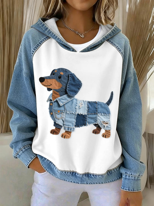 Encantador Dachshund Dog Pattern Denim Patchwork Hoodie de las mujeres