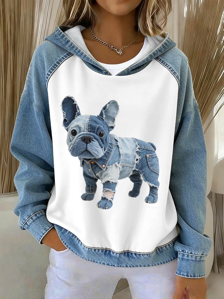 Mujer encantadora Bulldog francés patrón Denim Patchwork Hoodie