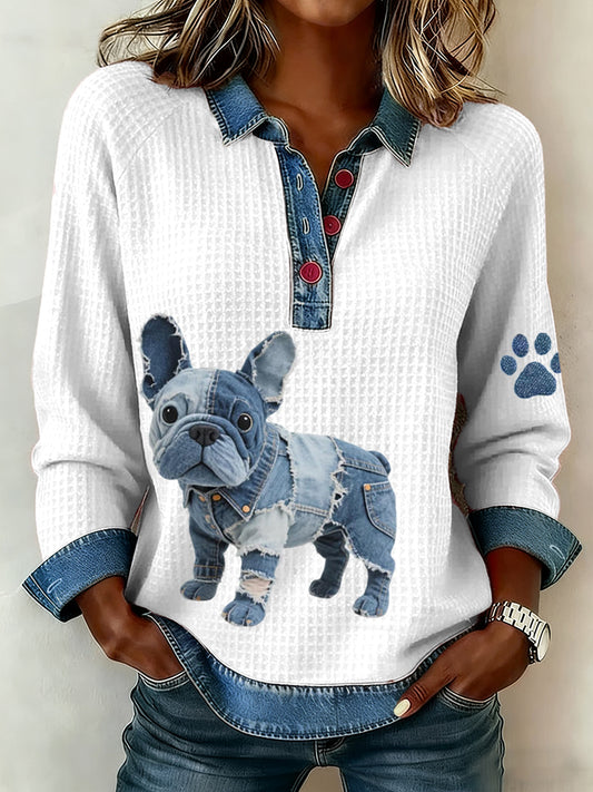 Mujer Denim Patchwork Art French Bulldog Patrón Waffle Top