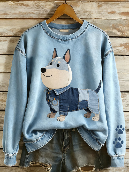Bull Terrier Denim Patchwork Casual para mujer Sudadera