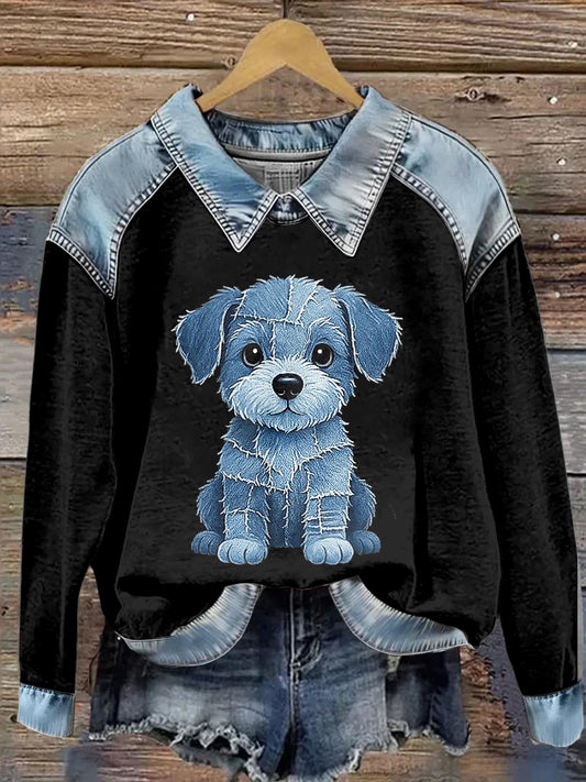 Sudadera de manga larga con estampado animal de solapa para mujer