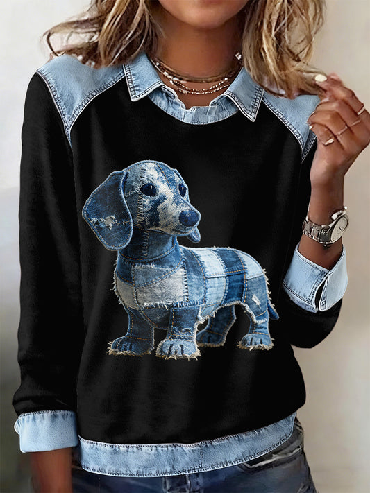 Sudadera de manga larga con estampado animal de solapa para mujer