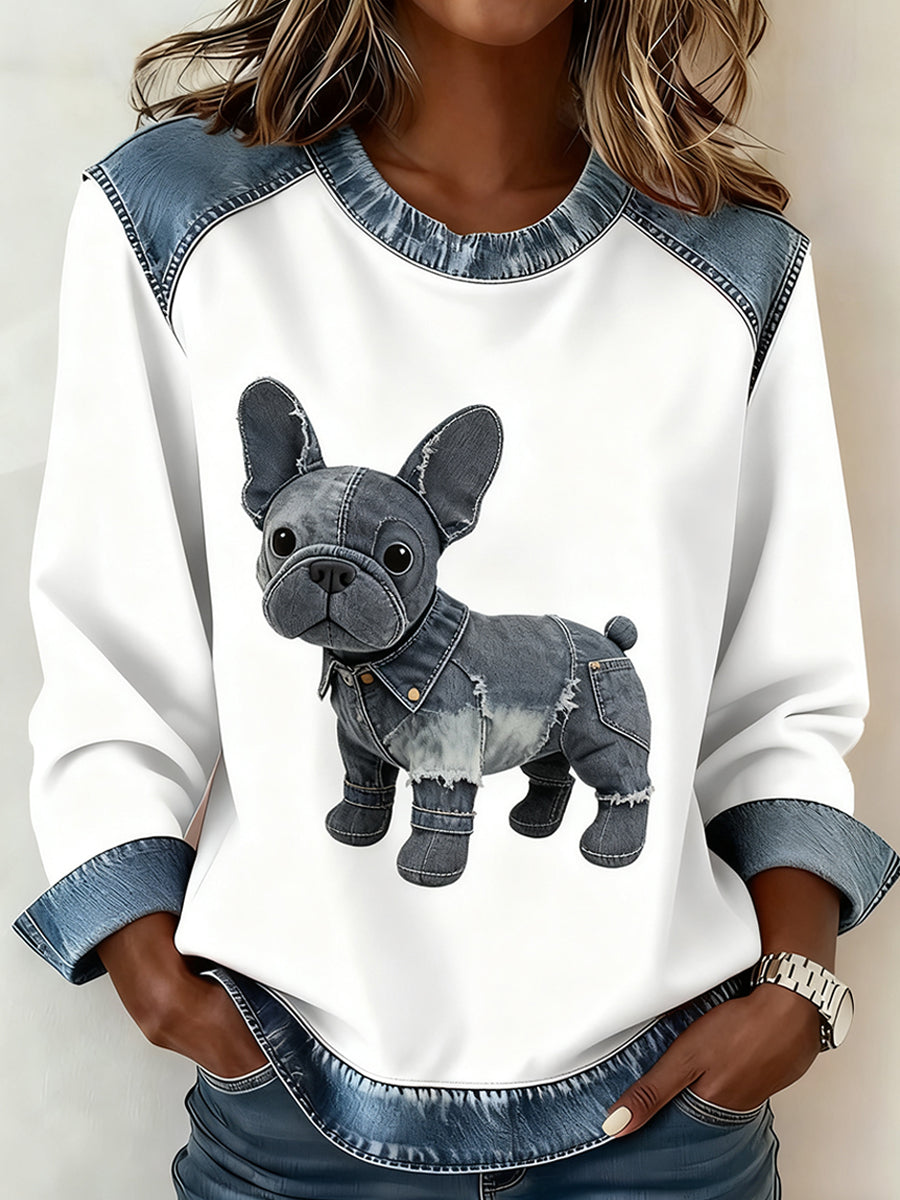 Mujeres Retro Animal Art Print cómodo Denim Patchwork sudadera