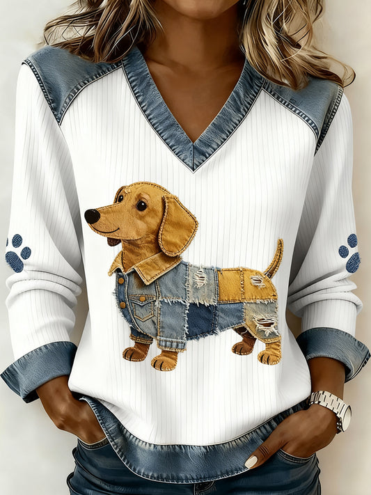 Mujer Retro V-cuello Denim Patchwork Animal Print Casual Confort Top