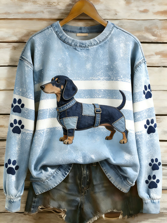 Retro Denim Patchwork Animal Art Print Casual Comfort Sudadera de manga larga para mujer