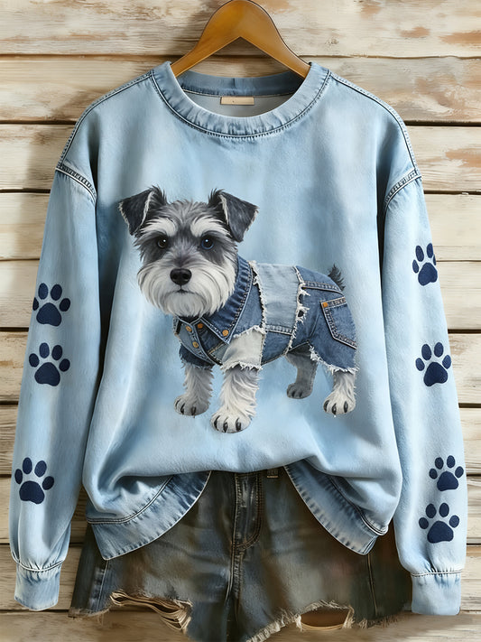 Retro Denim Patchwork Animal Art Print Casual Comfort Sudadera de manga larga para mujer