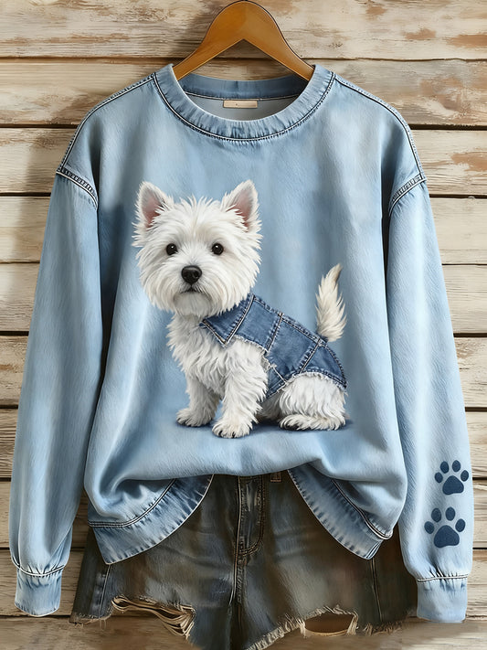 Retro Denim Patchwork Animal Art Print Casual Comfort Sudadera de manga larga para mujer