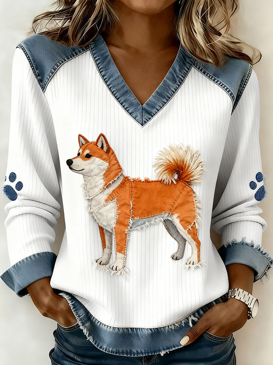 Mujer Retro V-cuello Denim Patchwork Animal Print Casual Confort Top