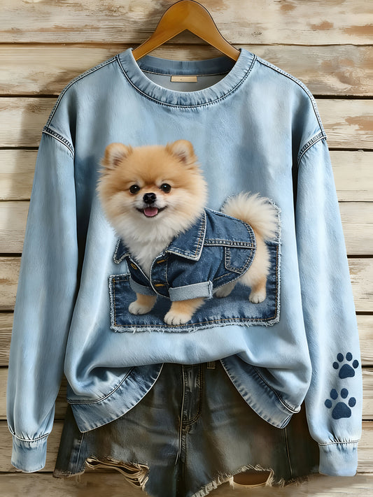 Retro Denim Patchwork Animal Art Print Casual Comfort Sudadera de manga larga para mujer