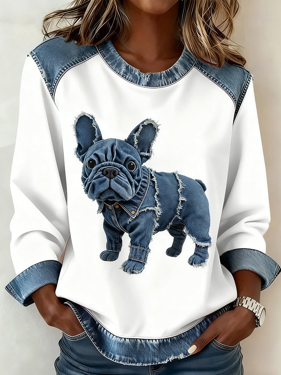 Mujeres Retro Animal Art Print cómodo Denim Patchwork sudadera